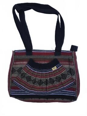Pinzon Woven Shoulder Bag W Front Pouch and Zipper Close. Black Red Cream Grey